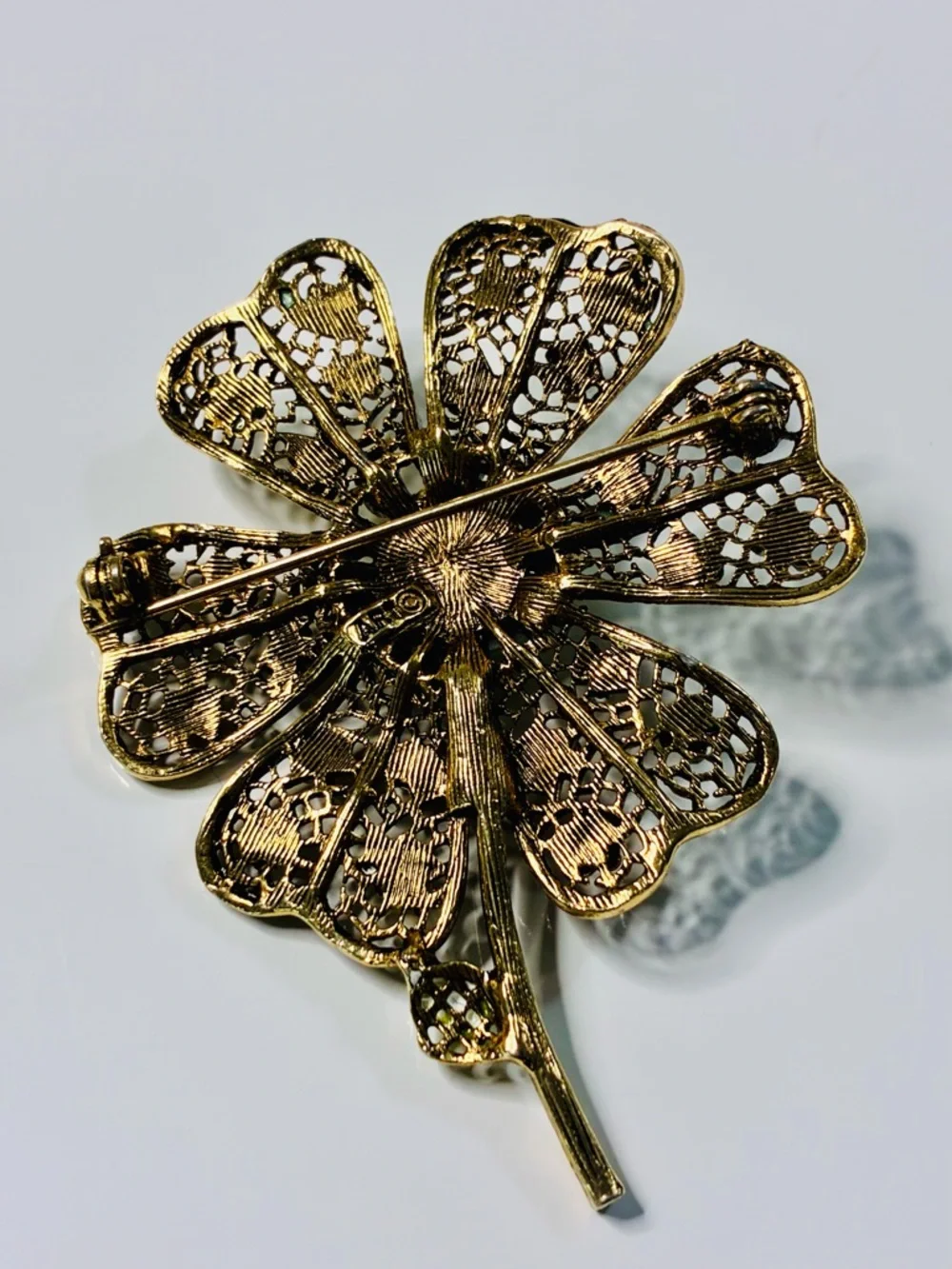 VTG Art Floral Filigree Flower Brooch with Pale Blue Cabochon Signed Oversized